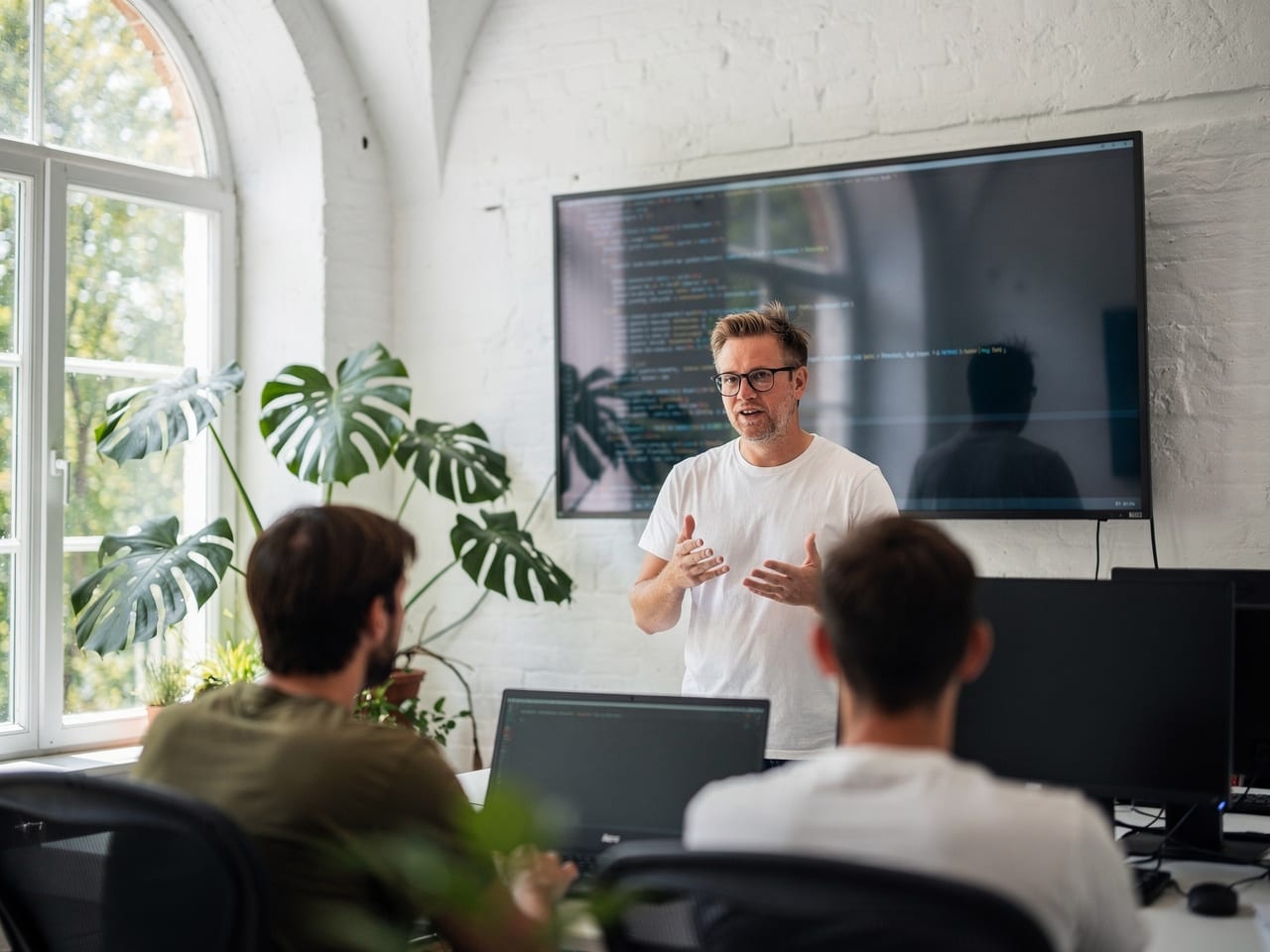 Ein Entwickler stellt Kolleginnen und Kollegen Programmcode auf einem großen Bildschirm vor